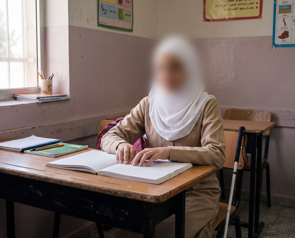 صورة طالبة كفيفة بحاجة لرسوم دراسية